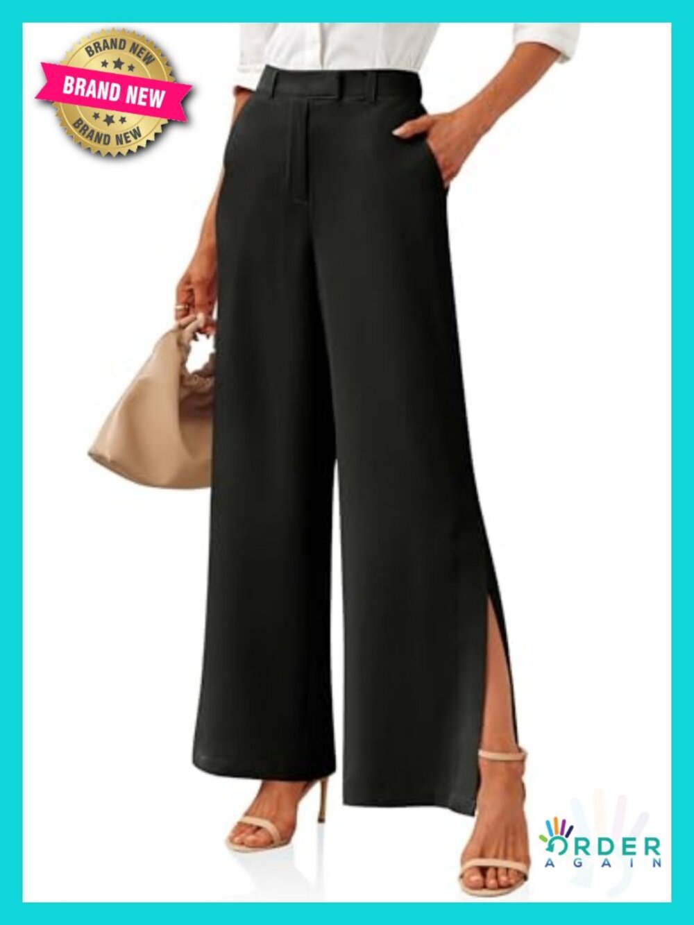 Wide Leg Split Hem Dress Pants High Waisted Trousers with Pockets